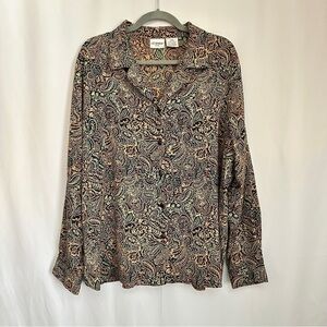 Vintage Liz Baker Plus Size Beige Floral Paisley Print Button Up Shirt sz 20W